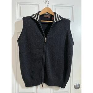 Toscano Textured Wool Zip Vest with Striped Collar Italian Made Layering Knit